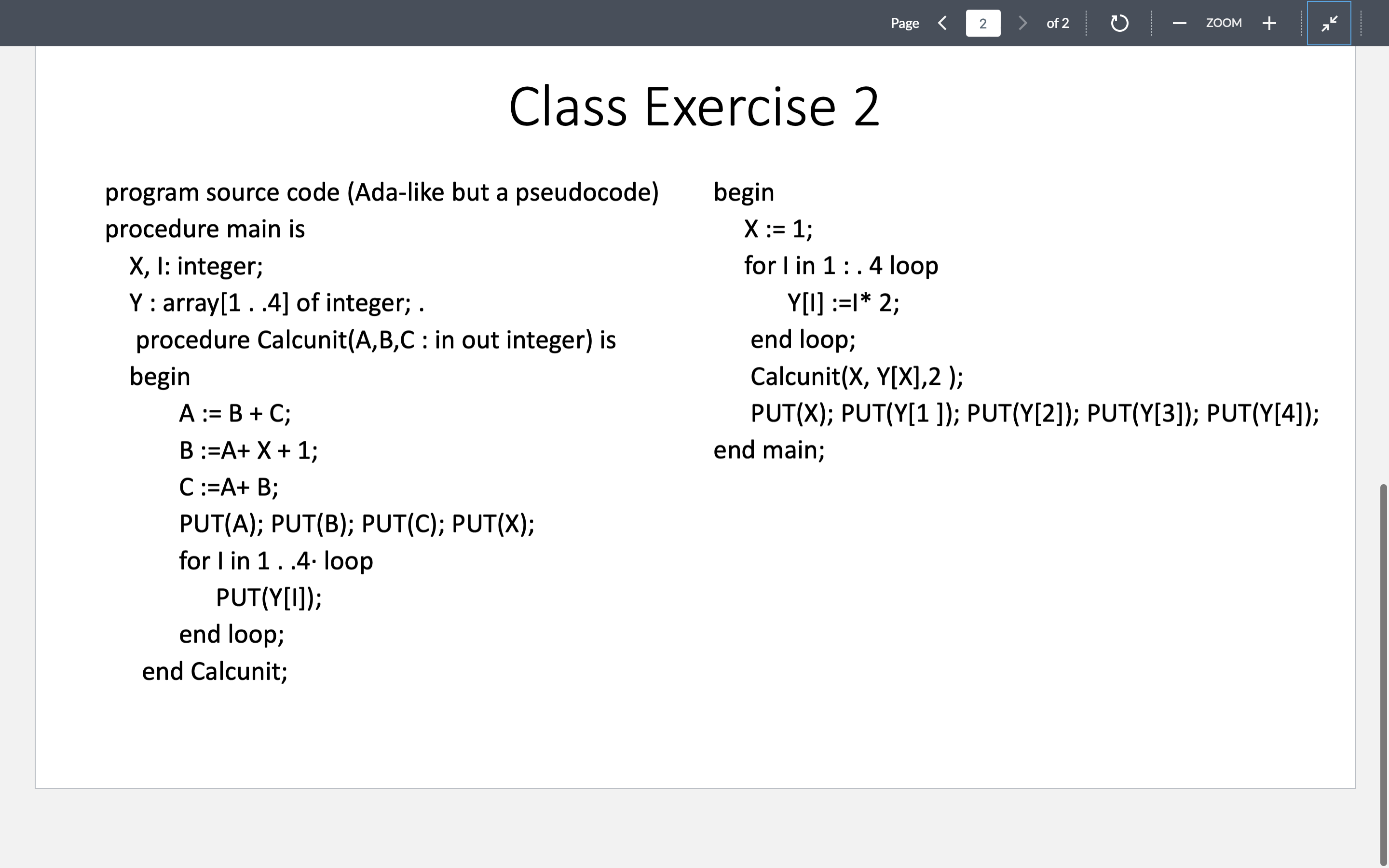 Class Exercise 2 program source code ( Ada - like