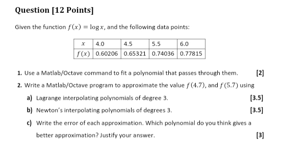 Question [ 1 2 Points ] Given the function f ( x