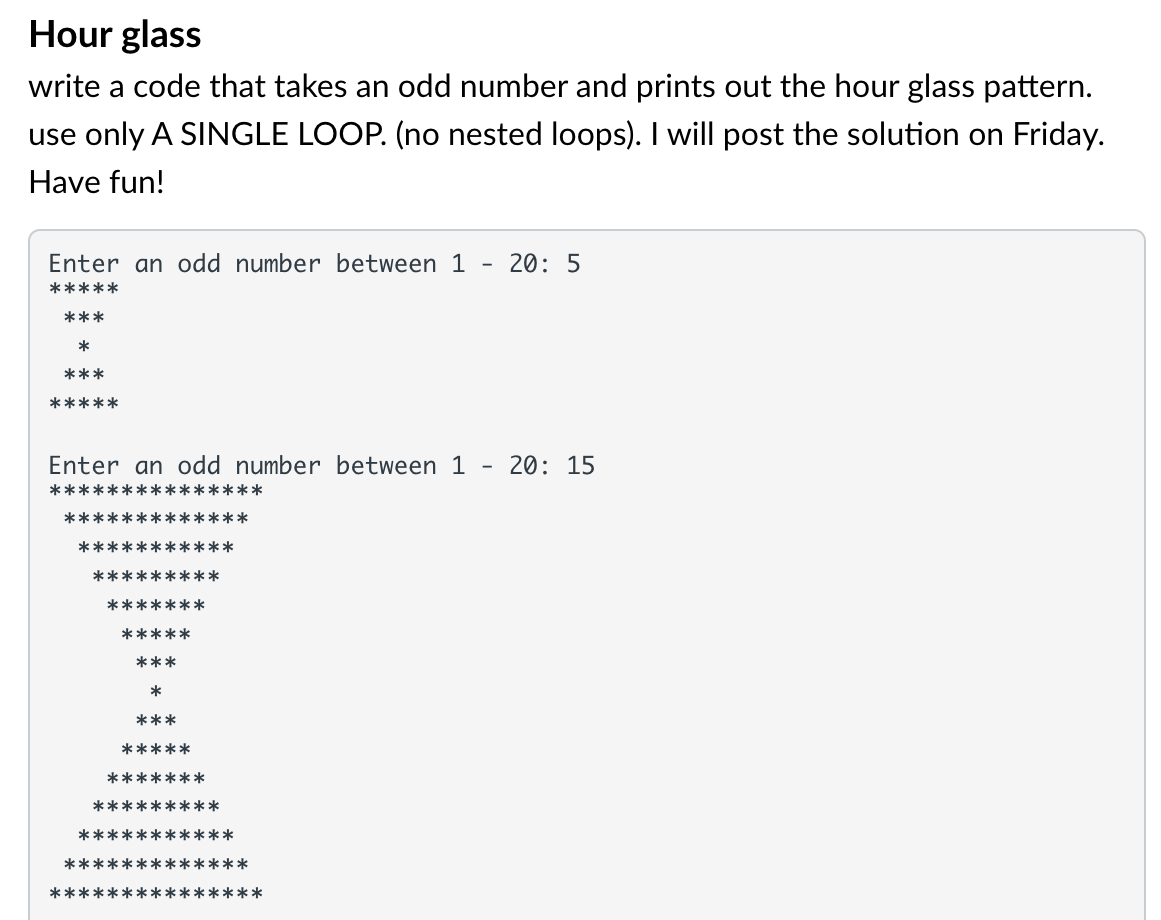 Hour glass write a code in C + + that takes an
