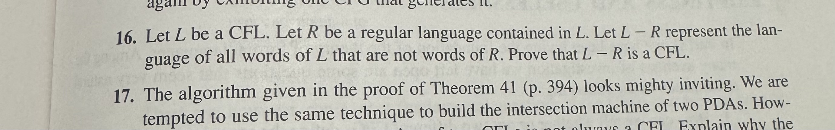 1 6 . Let L be a CFL . Let R be a regular