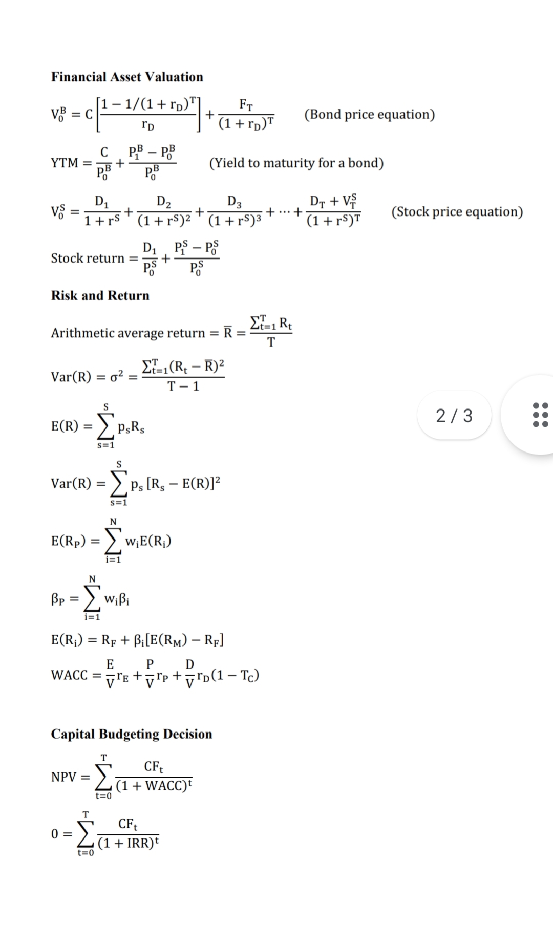 Financial Asset Valuation VB = C 1 - 1/(1 + rD)"]
