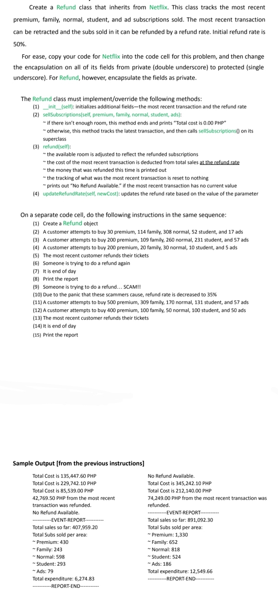 create a python program for this. Create a Refund