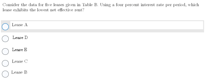 \fConsider the data for five leases given in