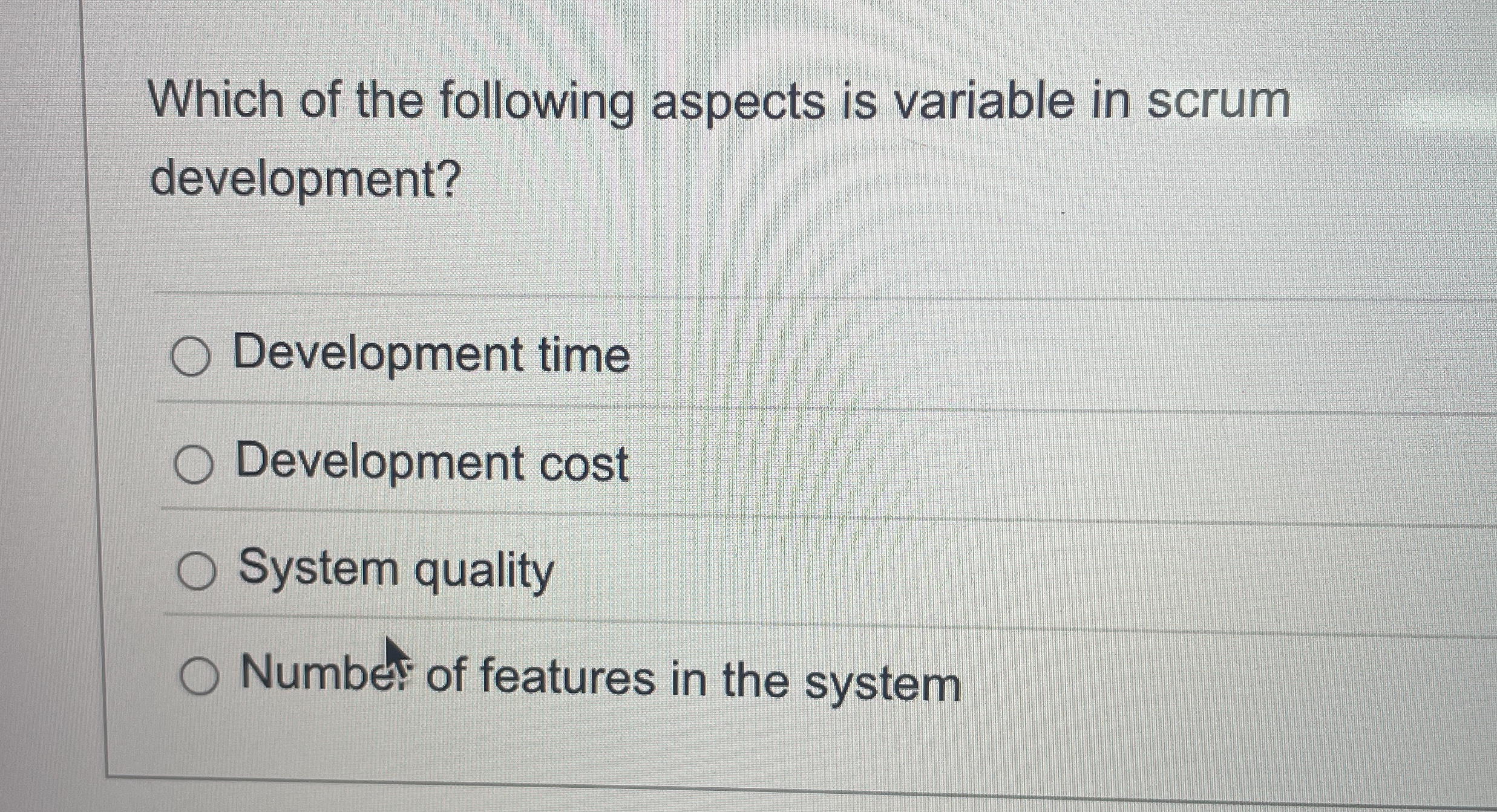 Which of the following aspects is variable in