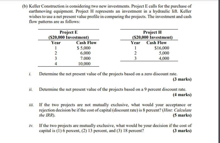 (b) Keller Construction is considering two new
