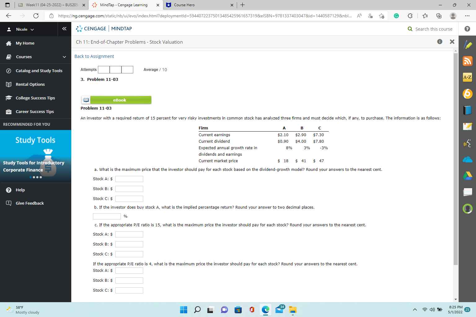 |Bb Week11 (04-25-2022) - BUS205- x MindTap -