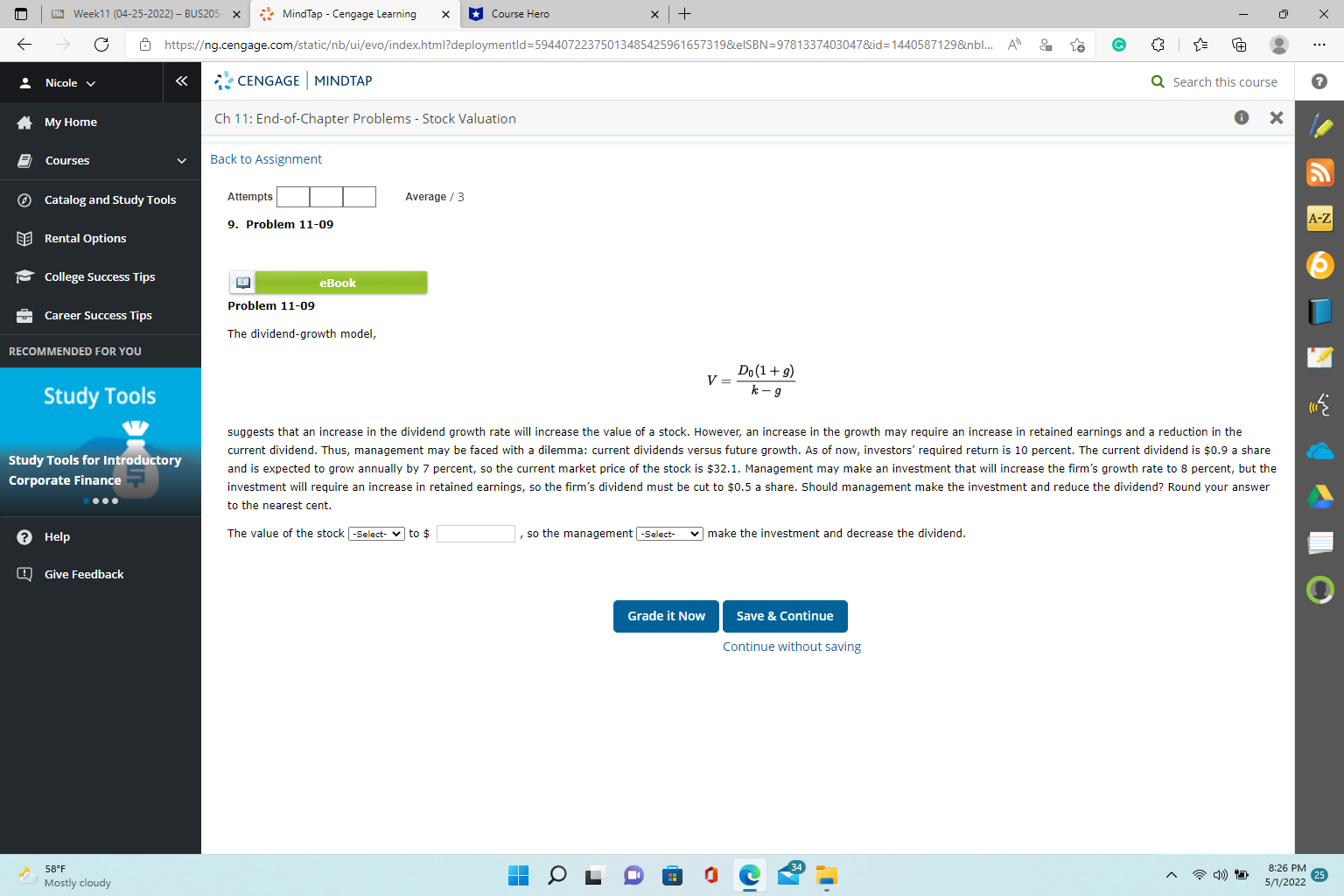 |Bb Week11 (04-25-2022) - BUS205- x MindTap -