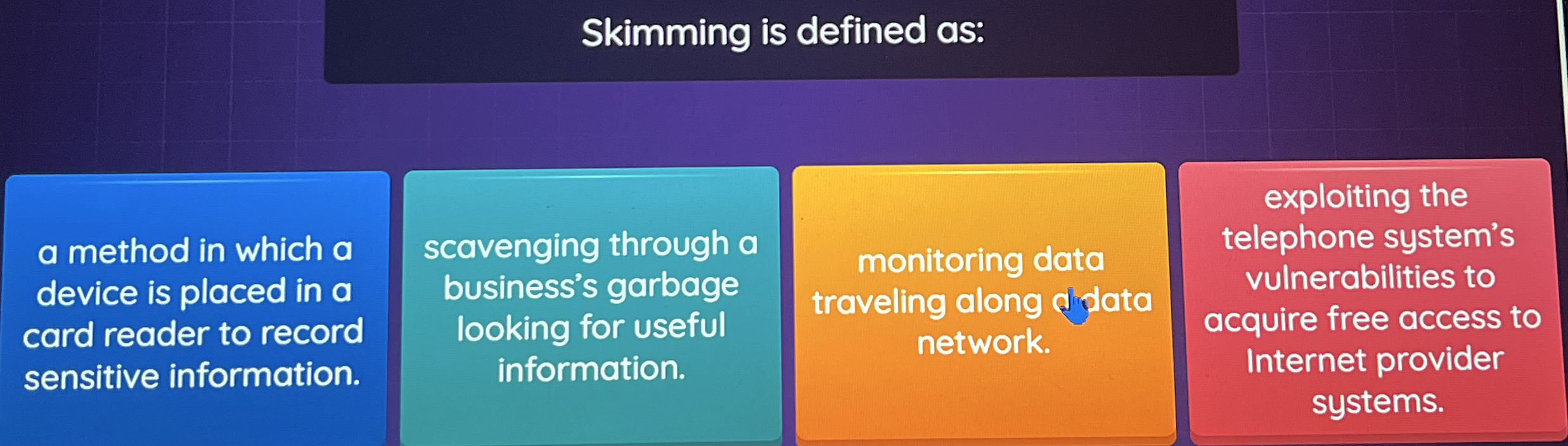 Skimming is defined as: a method in which a