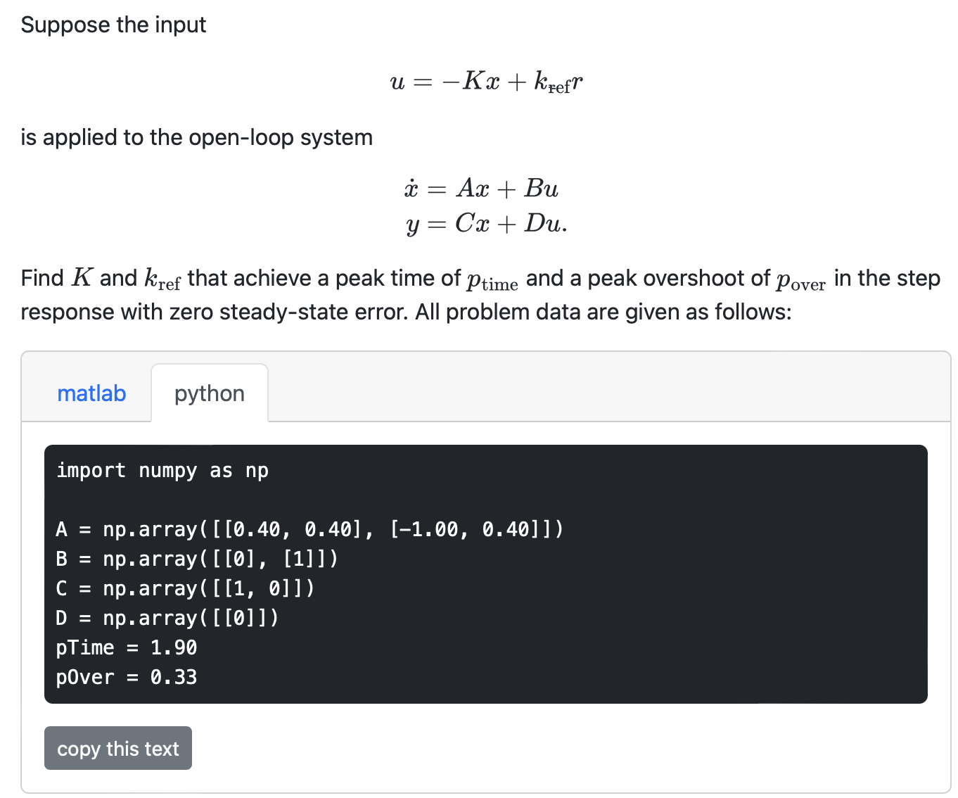 Suppose the input u = - K x + k r e f r is
