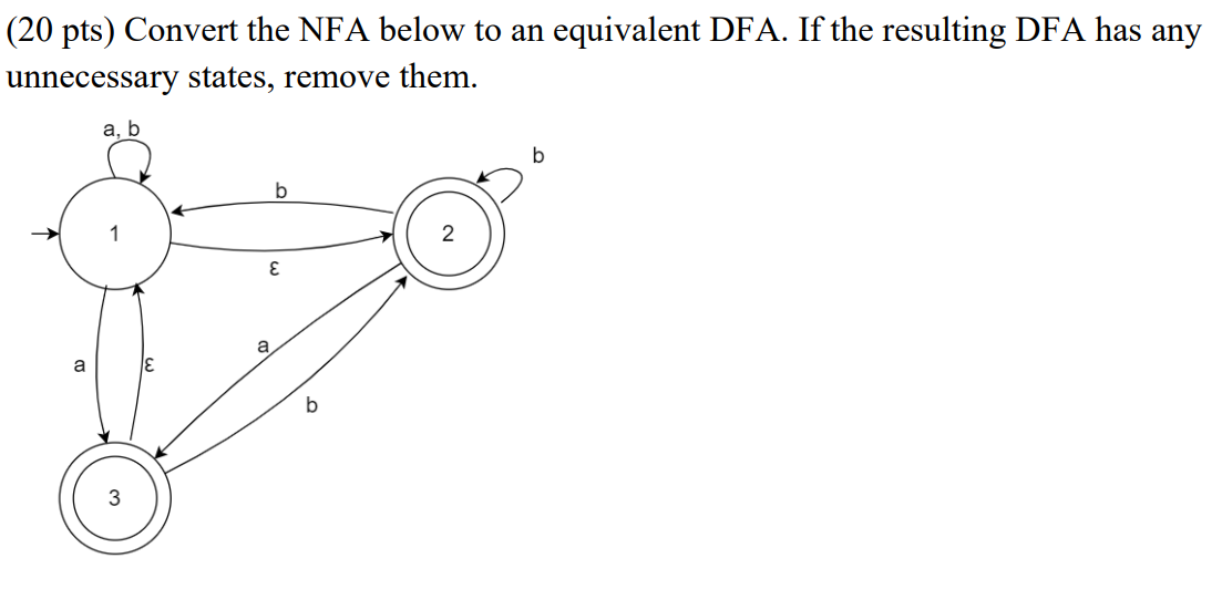 ( 2 0 pts ) Convert the NFA below to an