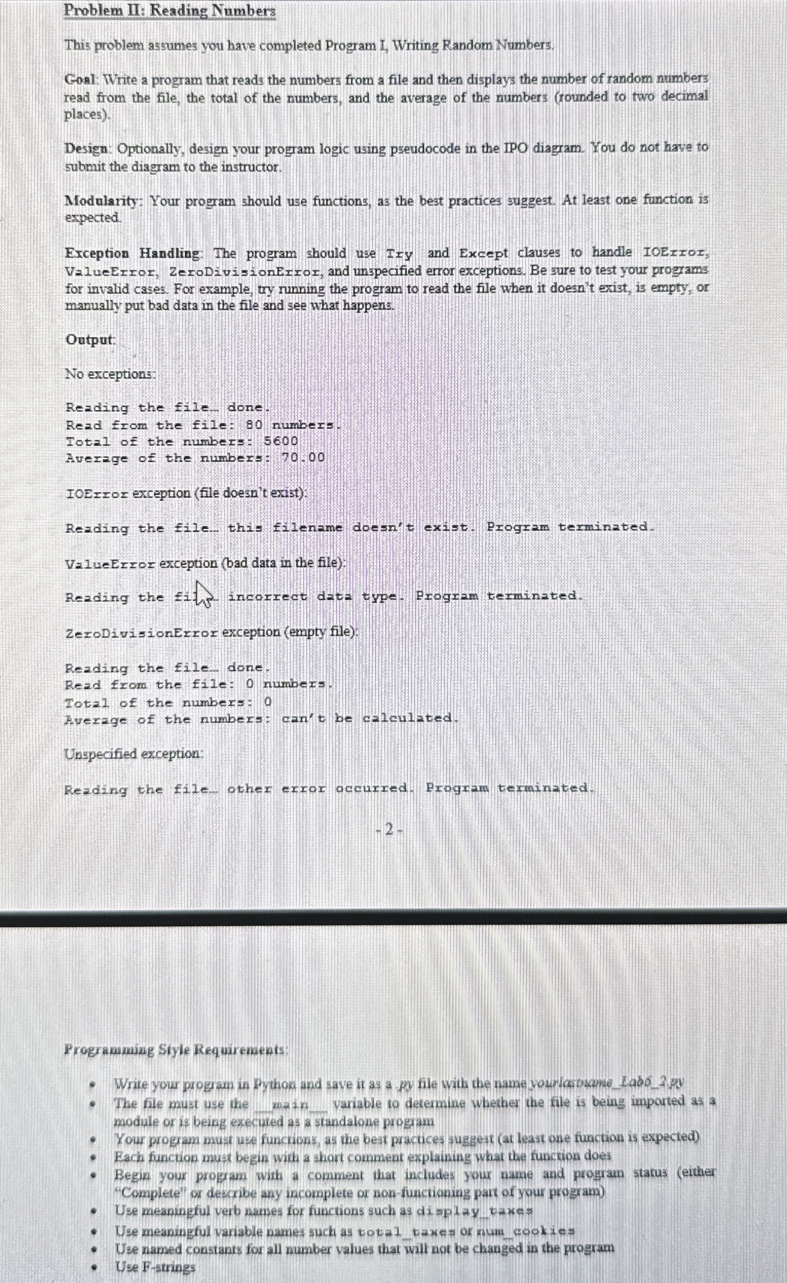 Problem II: Reading Numbers This problem assumes