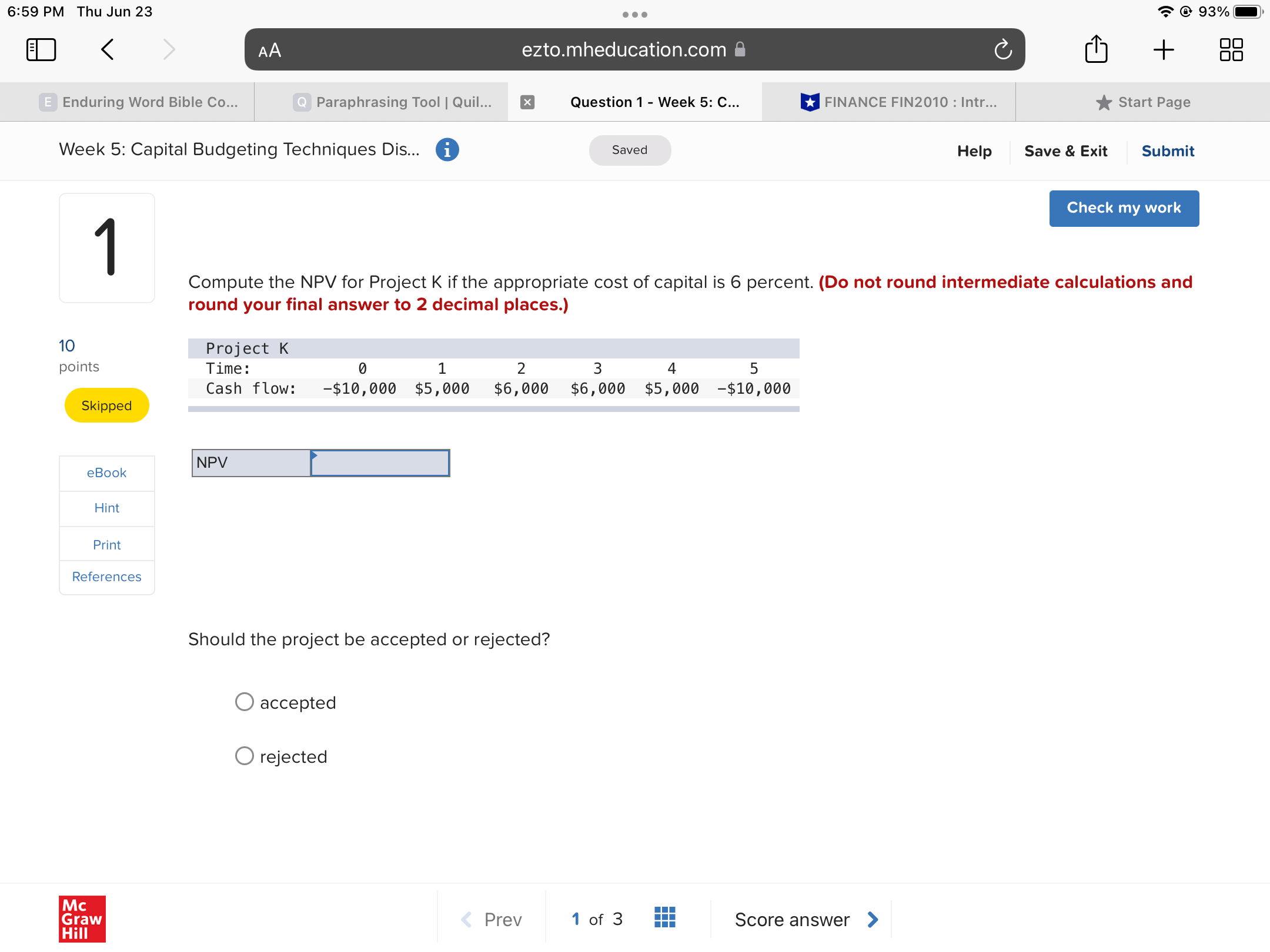 Compute the NPV for Project K if the appropriate