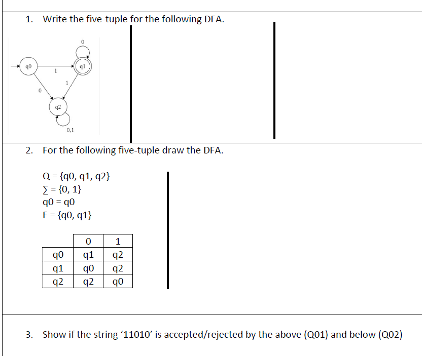 Write the five - tuple for the following DFA. For