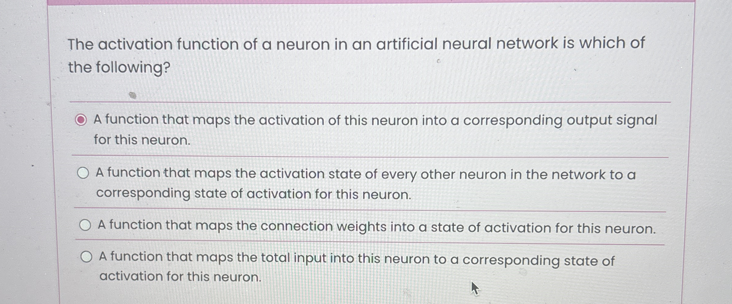 The activation function of a neuron in an