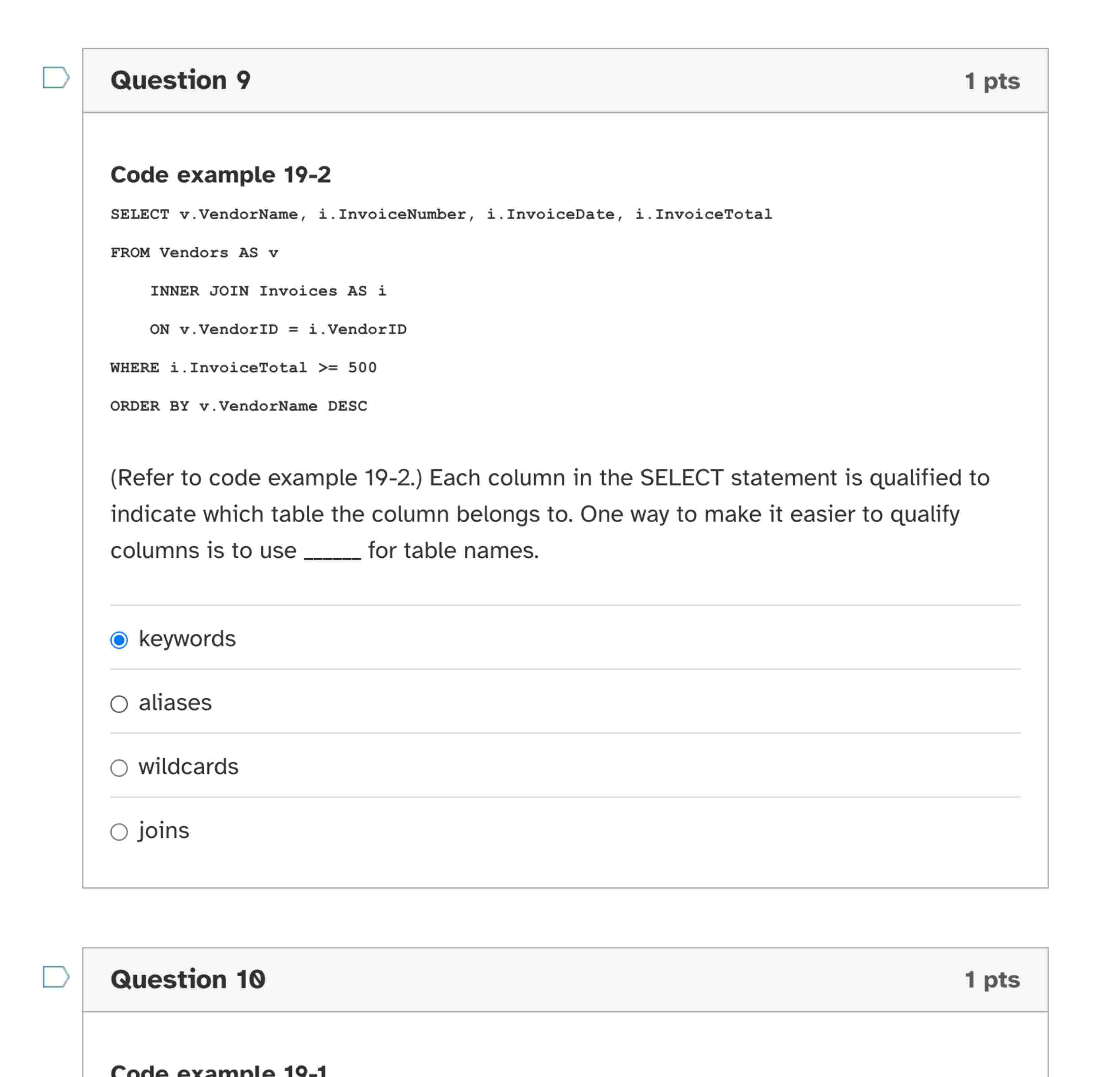 Code example 1 9 - 2 SELECT v . VendorName, i .