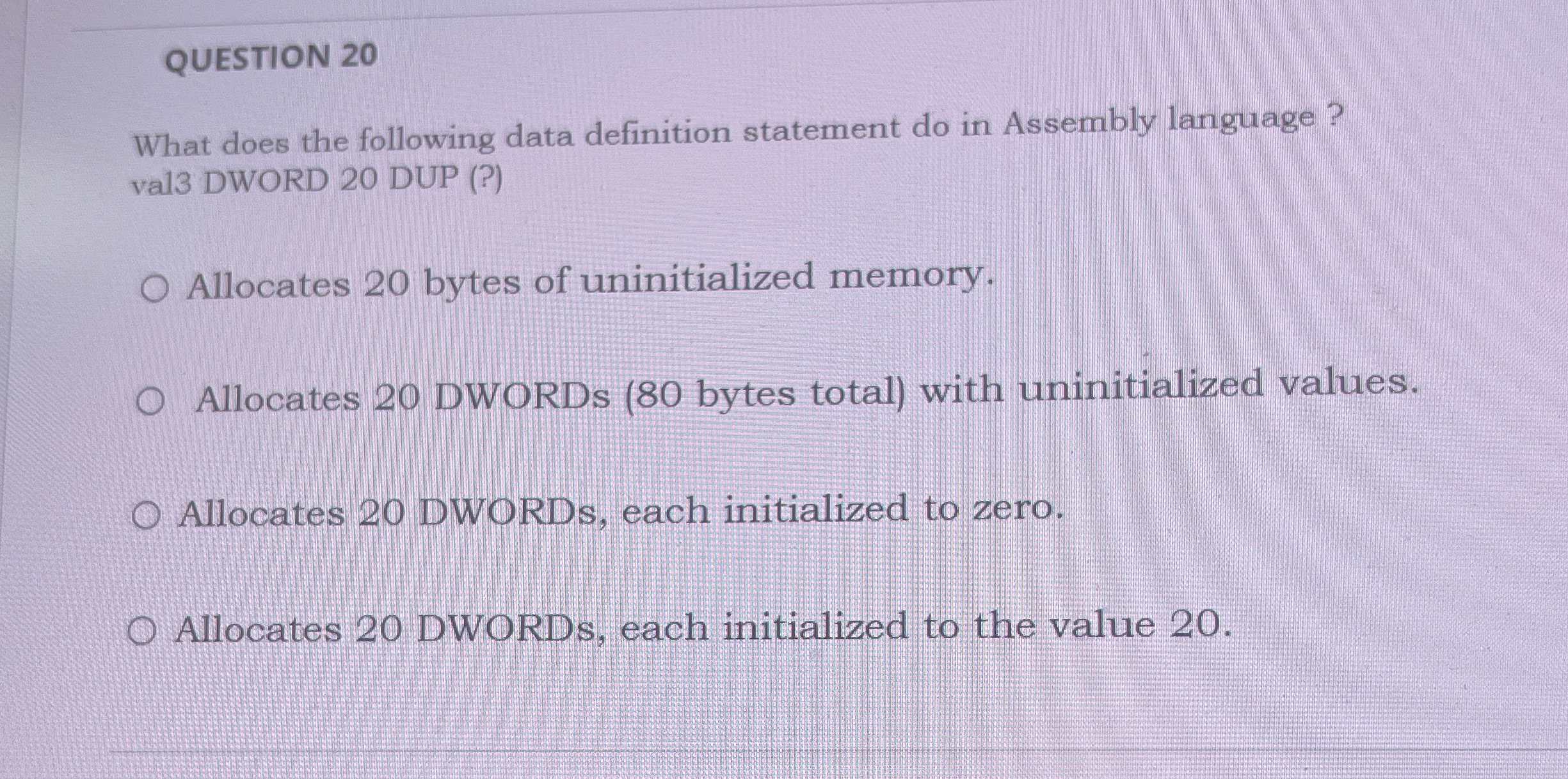 QUESTION 2 0 What does the following data