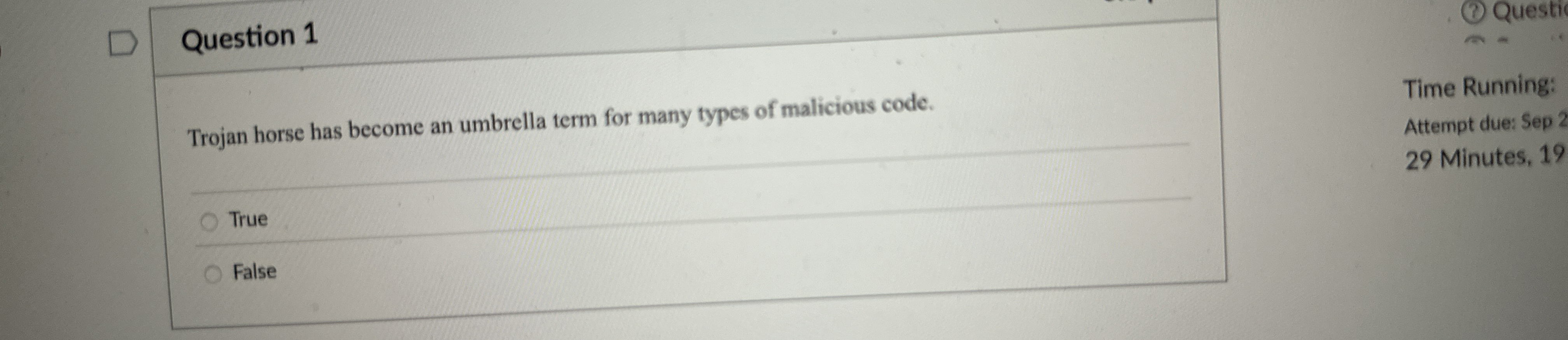 Question 1 Trojan horse has become an umbrella