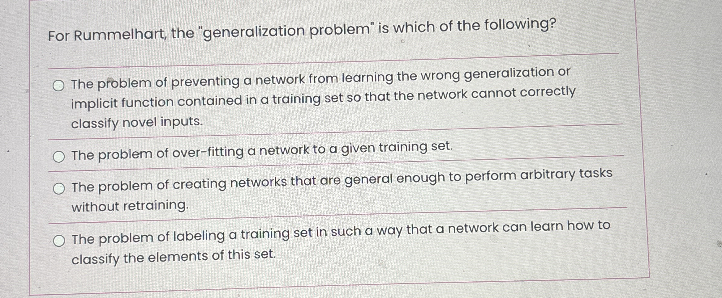 For Rummelhart, the "generalization problem" is