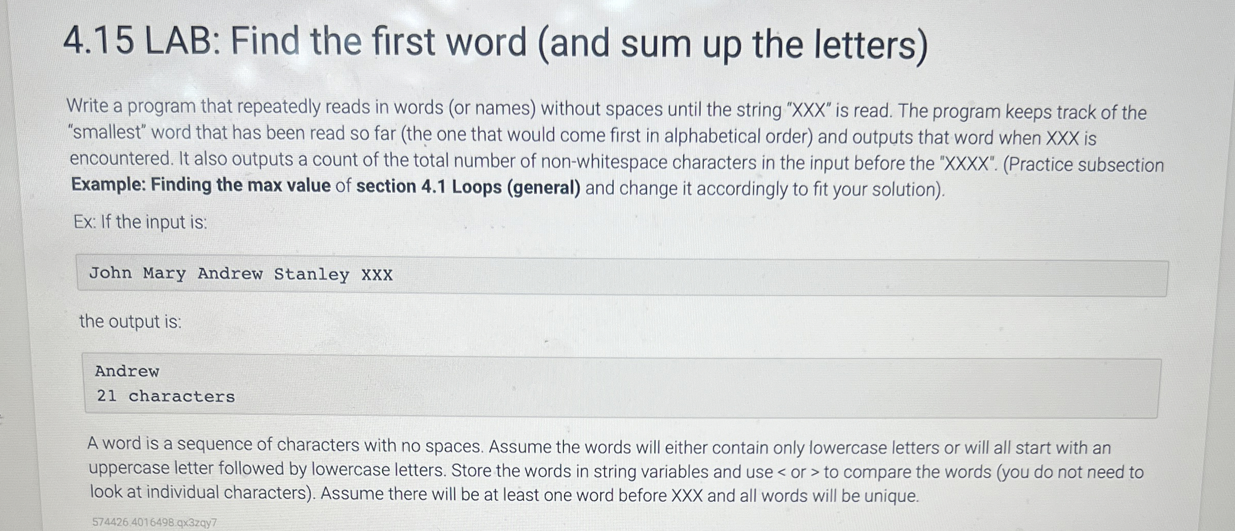4 . 1 5 LAB: Find the first word ( and sum up the