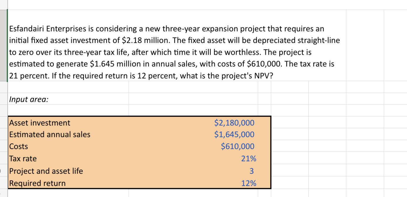 Please solve for NPV and ONLY use excel formulas