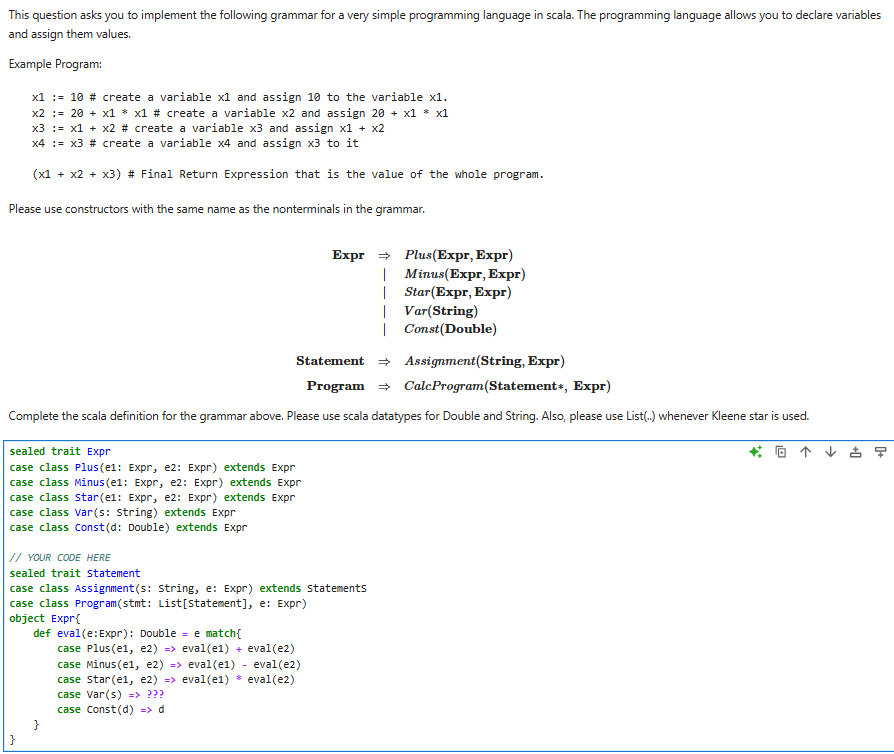 Complete the scala definition for the grammar