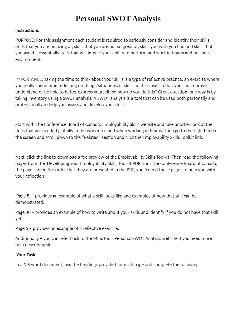 Personal SWOT Analysis Instructions PURPOSE: For