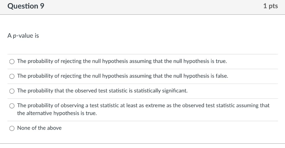 Question 9 2 pts The p-value represents the