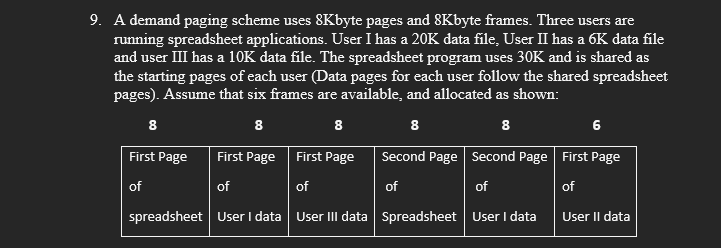A demand paging scheme uses 8 K byte pages and 8