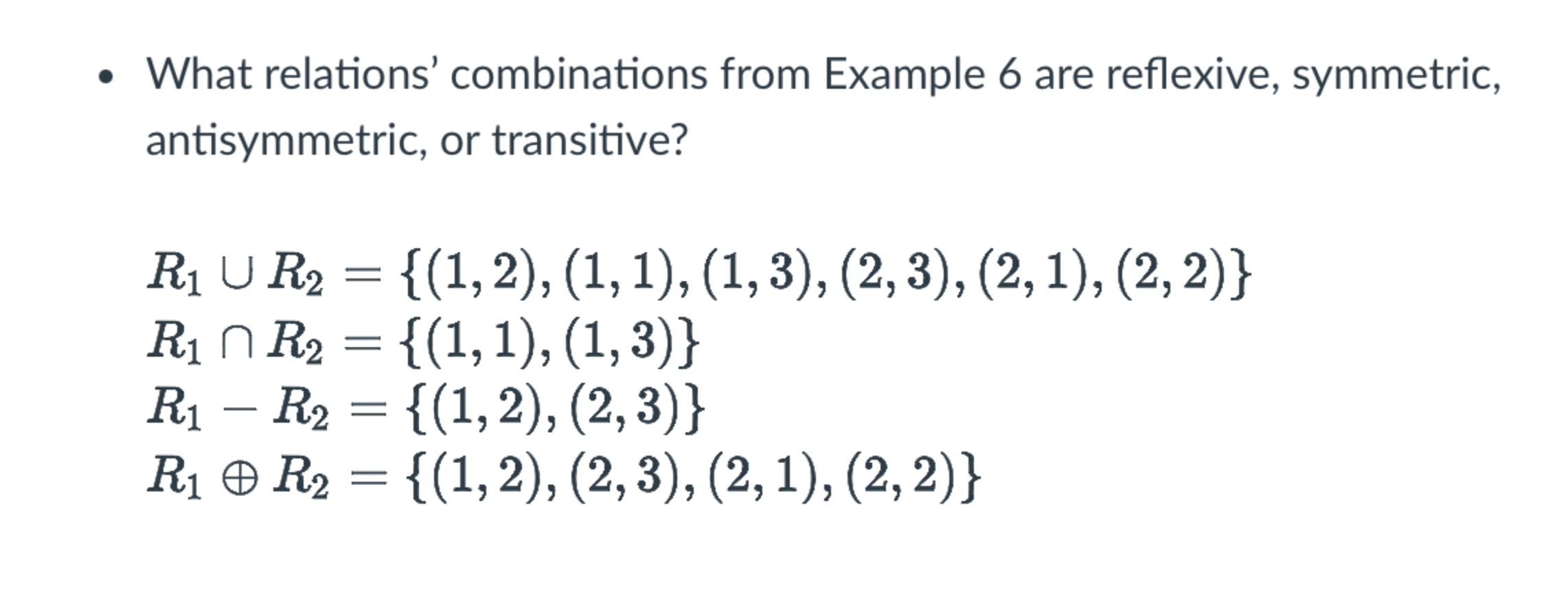 What relations' combinations from Example 6 are