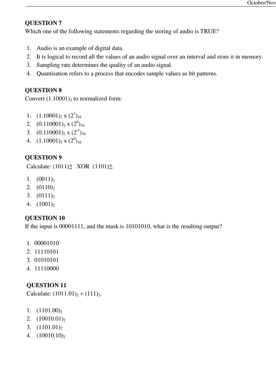 October / Nov QUESTION 7 Which one of the