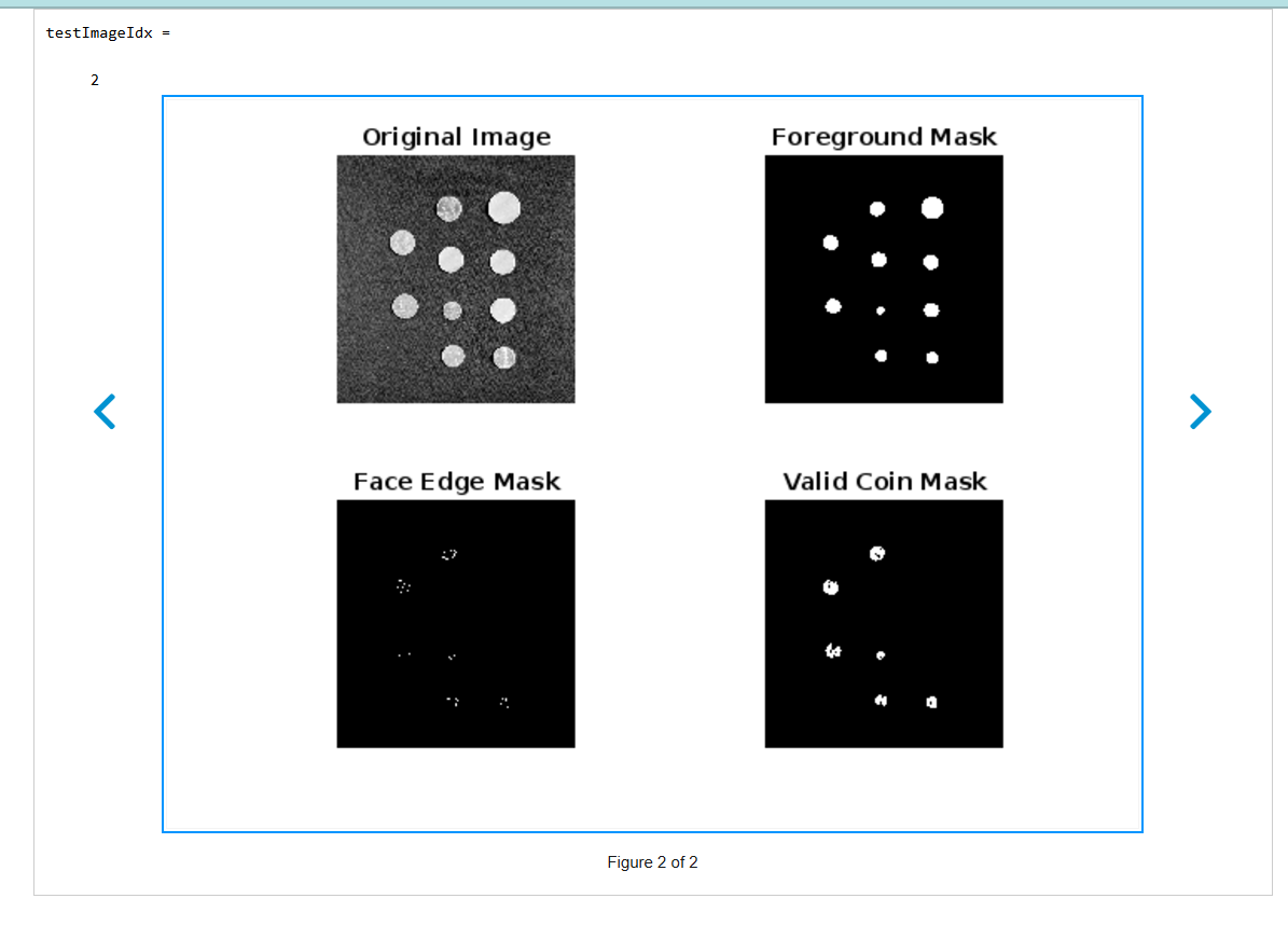  testImageIdx = randi([1,3]) testCoinImage = imread("testCoinImage"+testImageIdx+".png"); title("Original Coin Image"); [testcoinMask,MaskedtestCoin]= segmentCoin(testCoinImage);