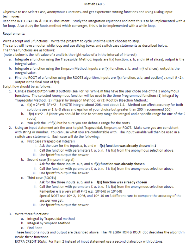 Matlab LAB 5 Objective to use Select Case,
