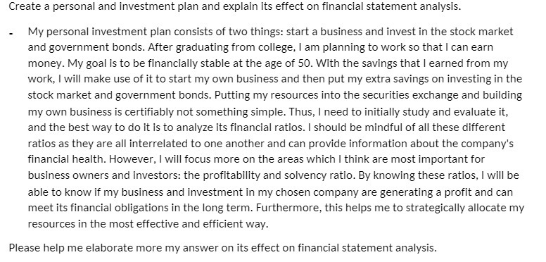 Create a personal and investment plan and explain