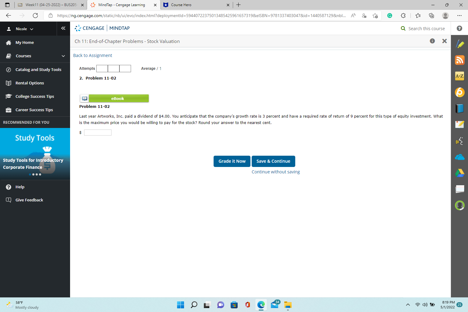 |Bb Week11 (04-25-2022) - BUS205- x MindTap -