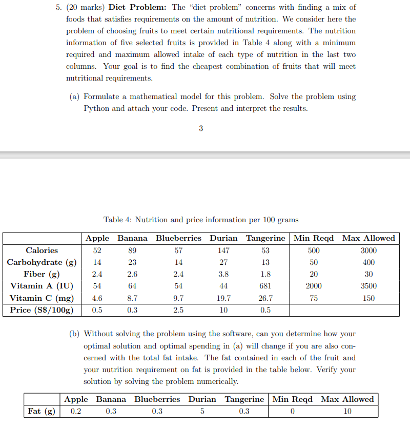 ( 2 0 marks ) Diet Problem: The "diet problem"
