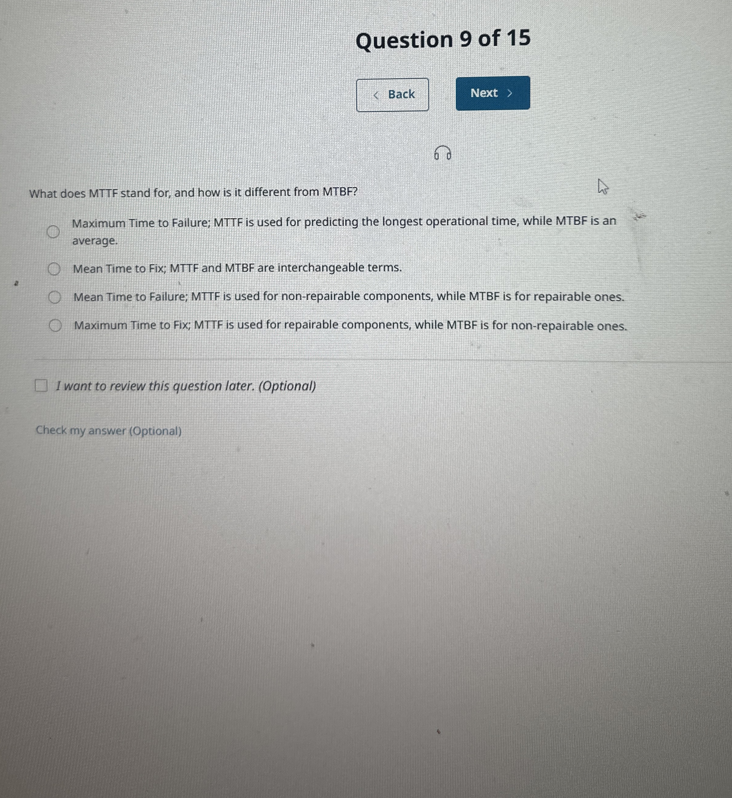 Question 9 of 1 5 6 0 What does MTTF stand for,