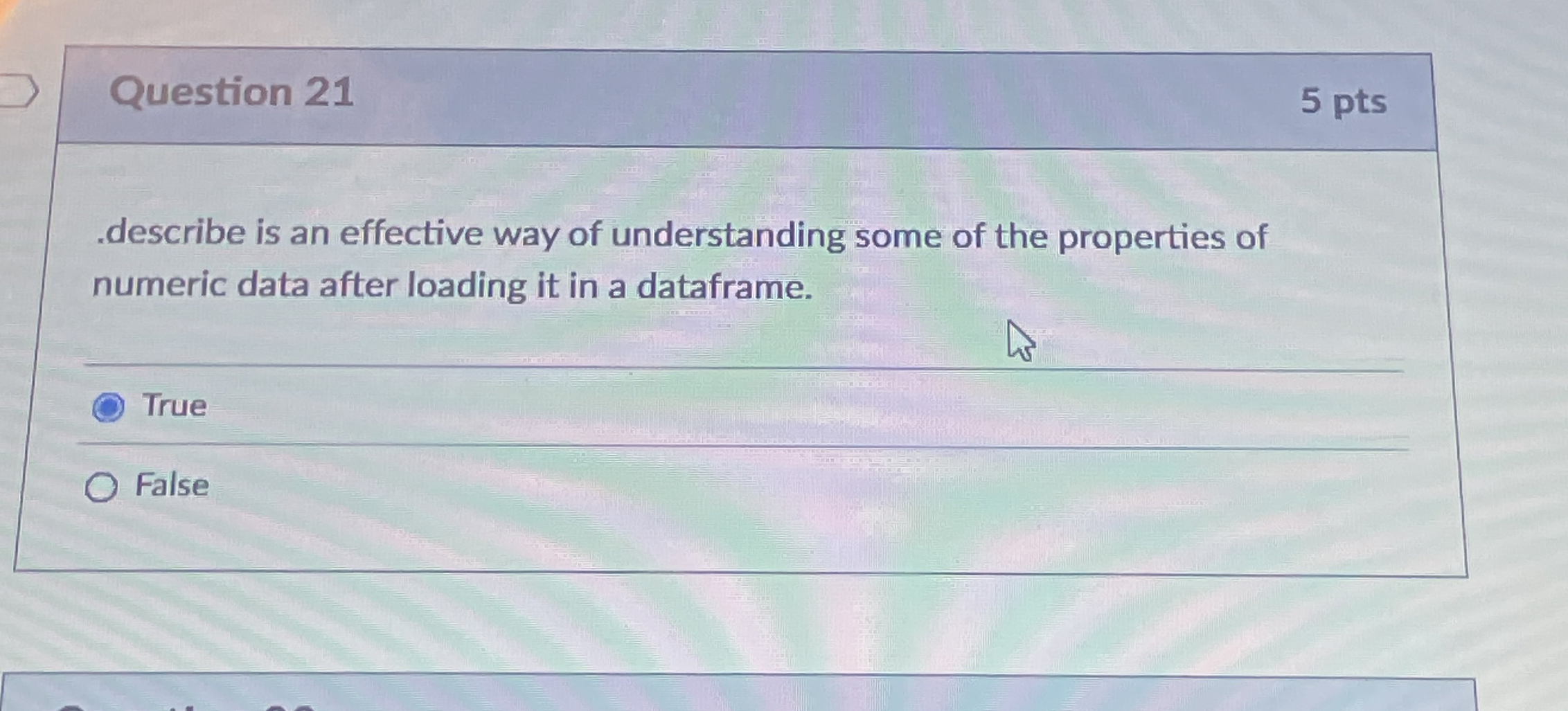 Question 2 1 5 pts . describe is an effective way