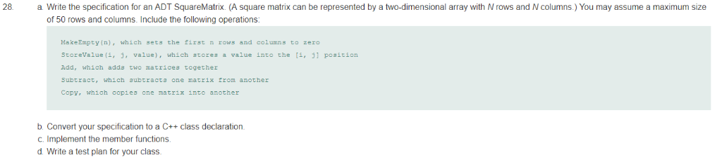 Write the specification for an ADT SquareMatrix.