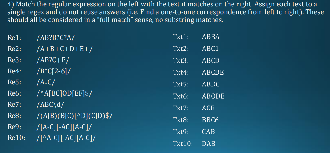 Match the regular expression on the left with the