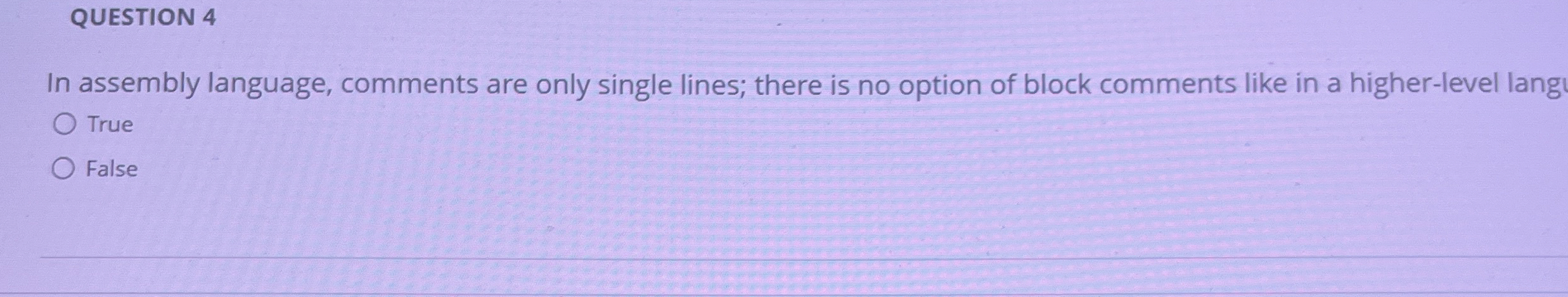 QUESTION 4 In assembly language, comments are