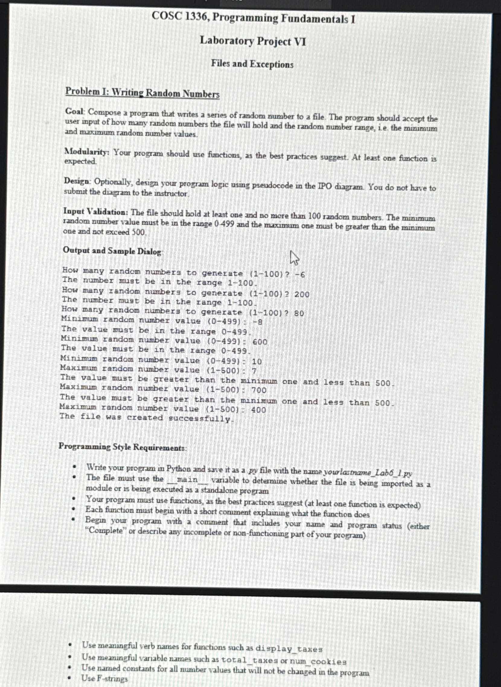 COSC 1 3 3 6 , Programming Fundamentals I