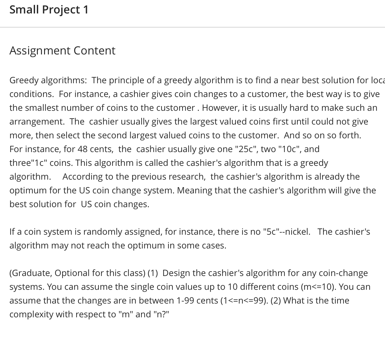 Small Project 1 Assignment Content Greedy