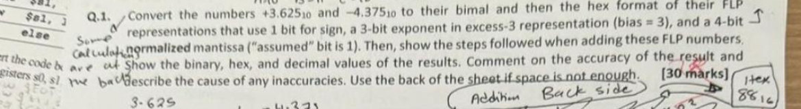 $ 0 1 , 3 Q . 1 . Convert the numbers + 3 . 6 2 5