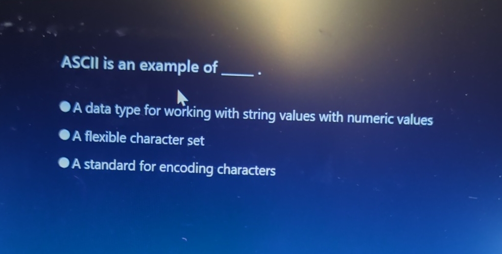 ASCII is an example of q , A data type for