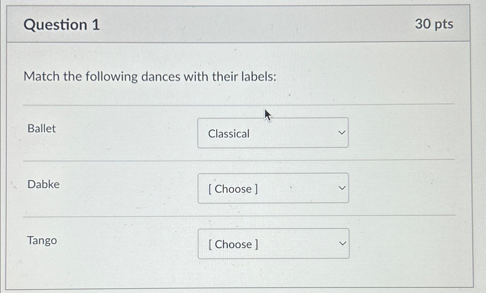 Question 1 3 0 p t s Match the following dances