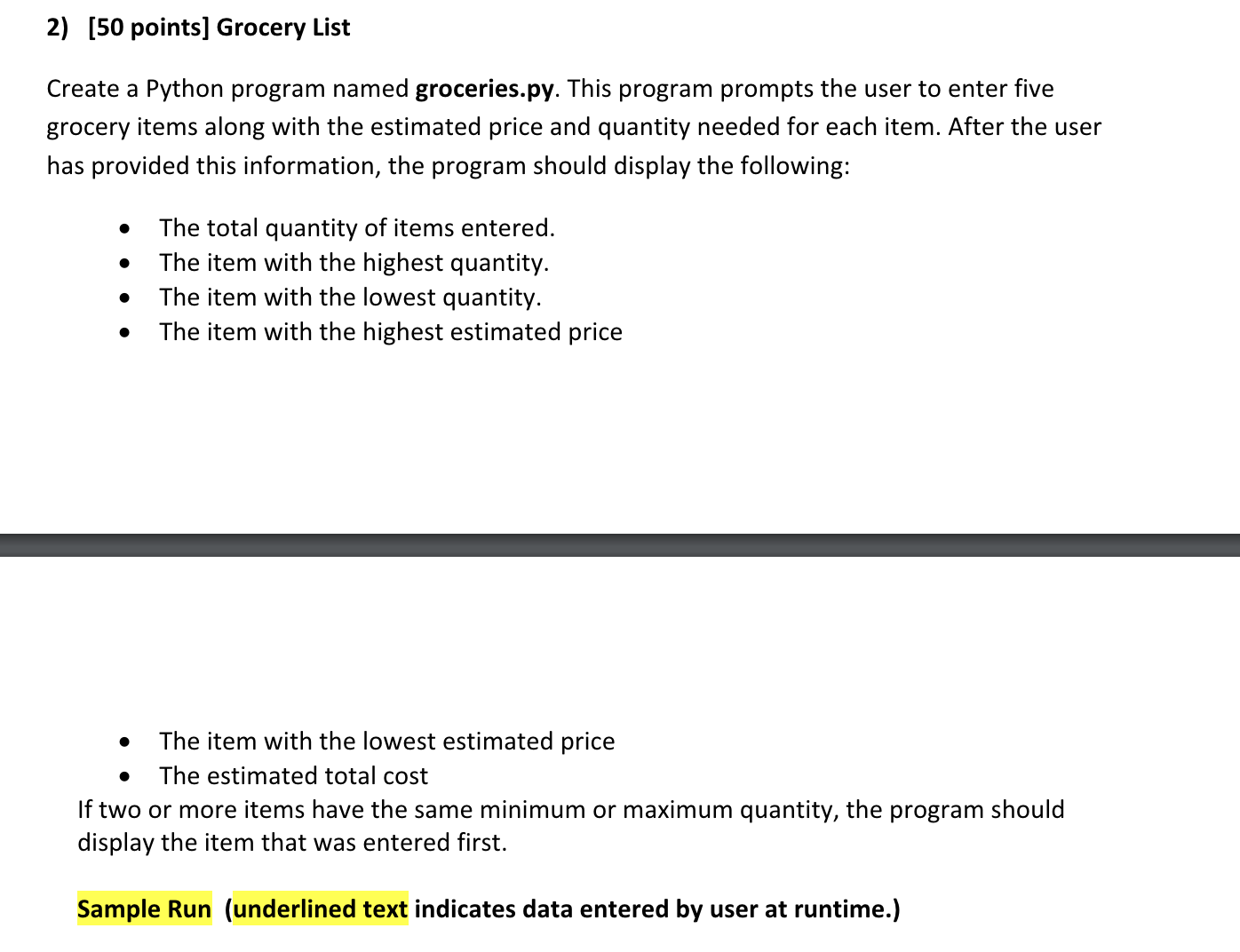 2 ) [ 5 0 points ] Grocery List Create a Python