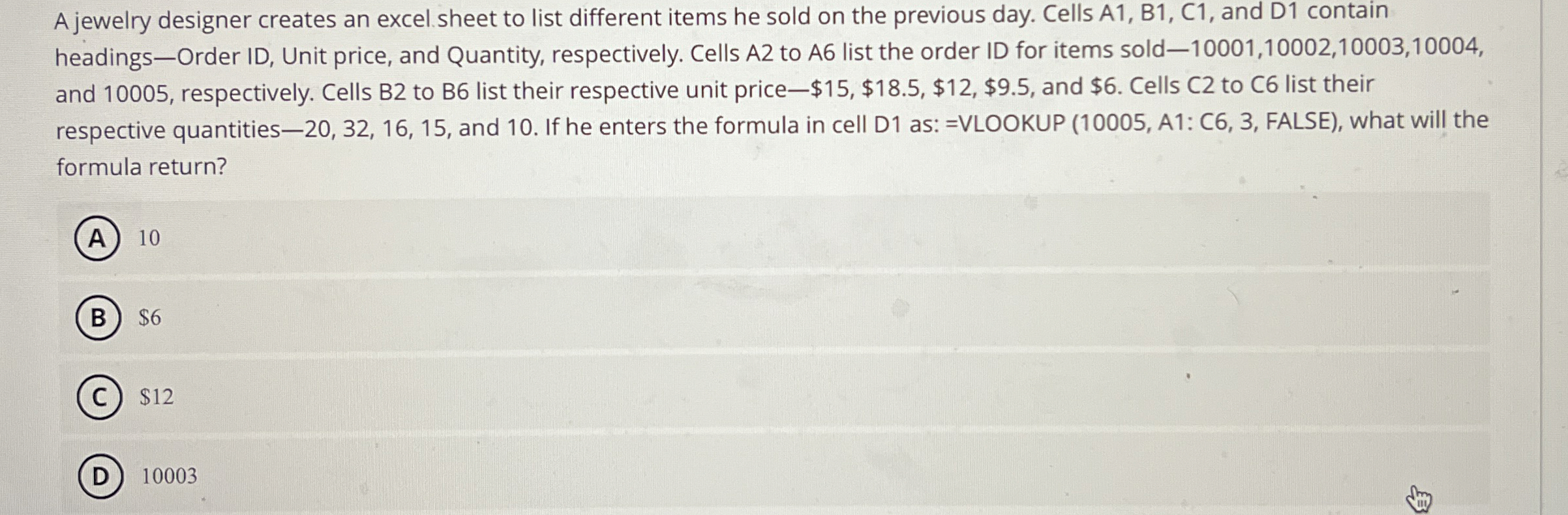A jewelry designer creates an excel sheet to list