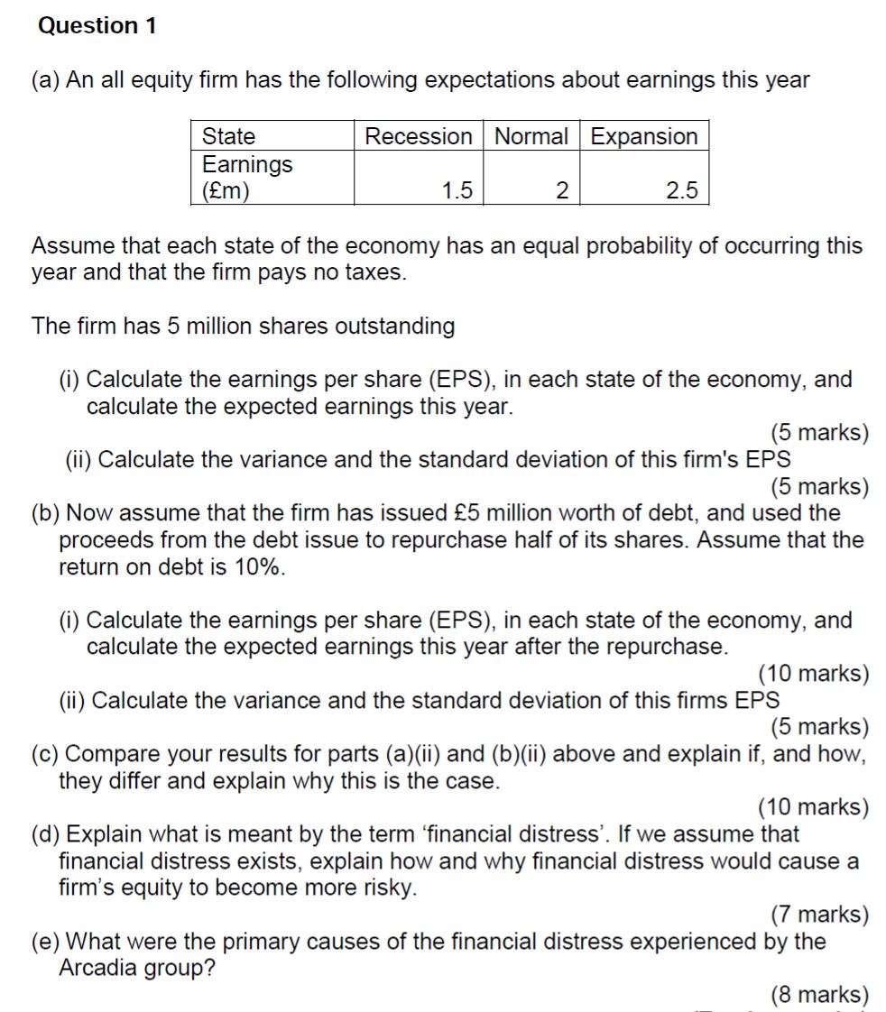 Question 1 Question 1 (a) An all equity rm has