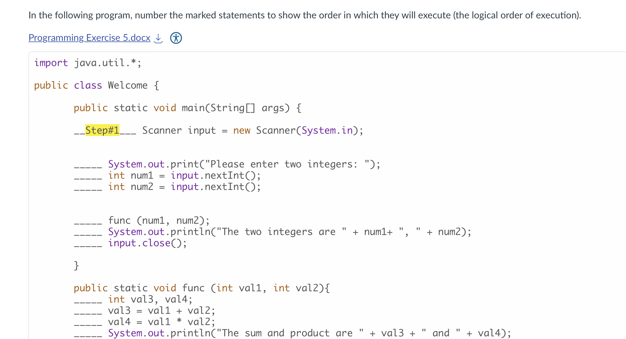 In the following program, number the marked