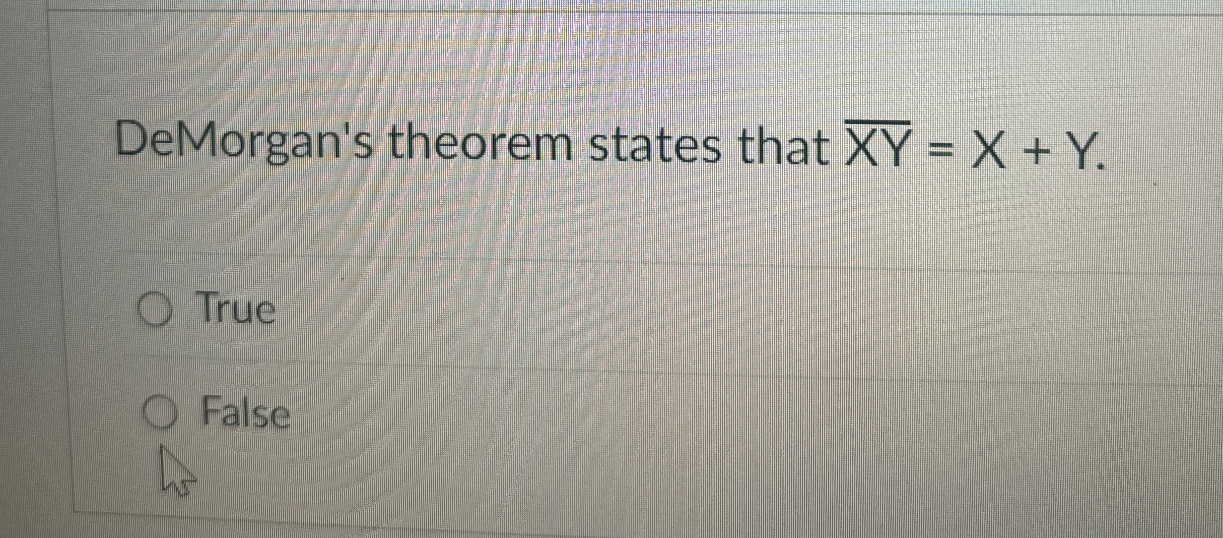 DeMorgan's theorem states that ? b a r ( x Y ) =